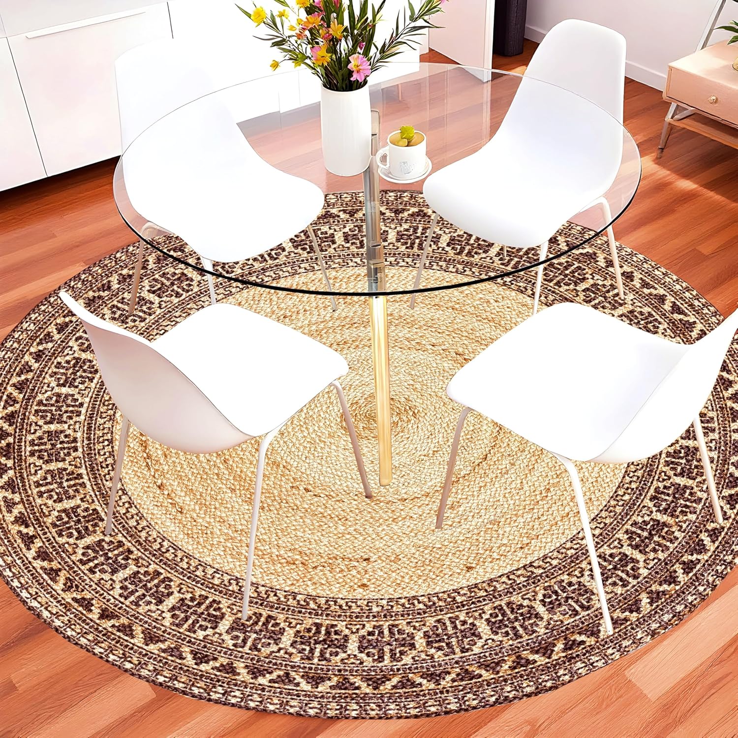 Premium Quality Jute Rug 5-feet Round, Brown Border,Natural Handwoven Circular Rug for Entryways, Living Room, Dining Room, Bedroom, Farmhouse, Kitchen